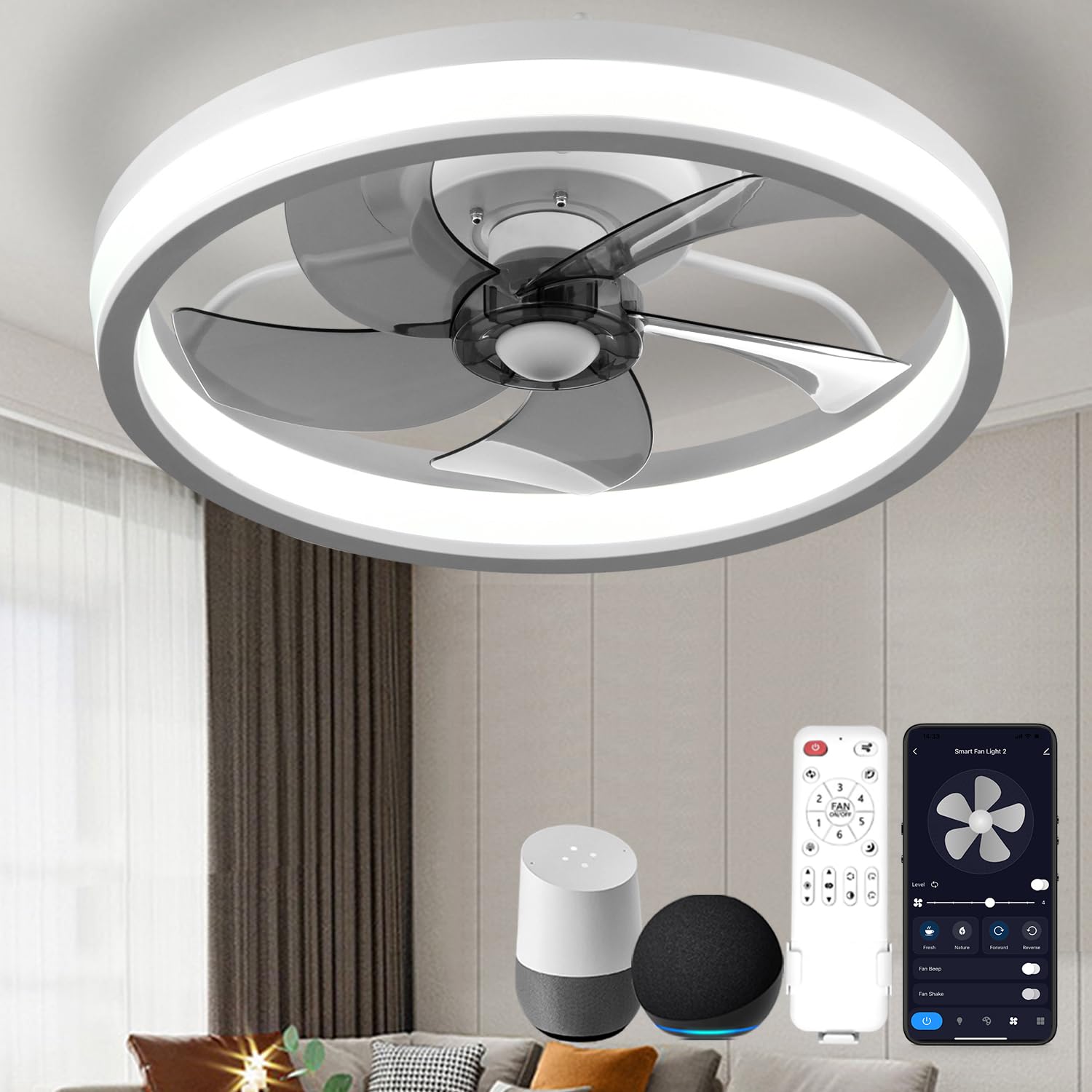 Photo 1 of YeetFerret Smart Ceiling Fan with Light, 18.9" Low Profile, 6-Speed Reversible Airflow, Alexa Voice Control, App Timer & Dimmer, Flush Mount (White)?