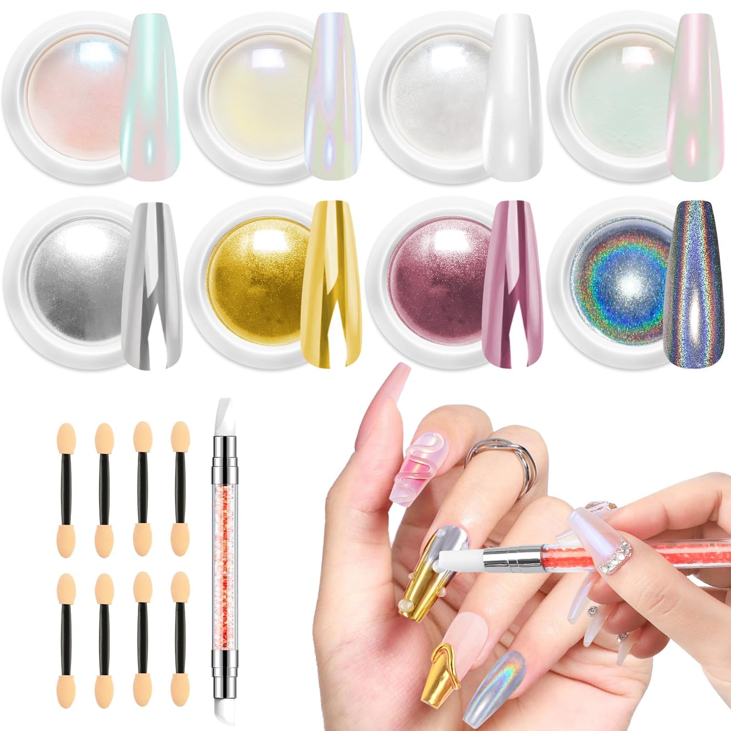 Rose Gold Chrome Nail Powder: LEDSUUEI Shiny Mirror Effect Nail Chrome Powders, White Pearl Chrome Nail Powder Glazed Donut Metal Nail Glitter, Easy Use with 1 Silicone Nail Brush Nail Art Decor Set