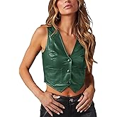 Fallorchid Women's Button Up Sleeveless Vest Crop Tops Sexy V Neck Faux Leather Jacket Waistcoat