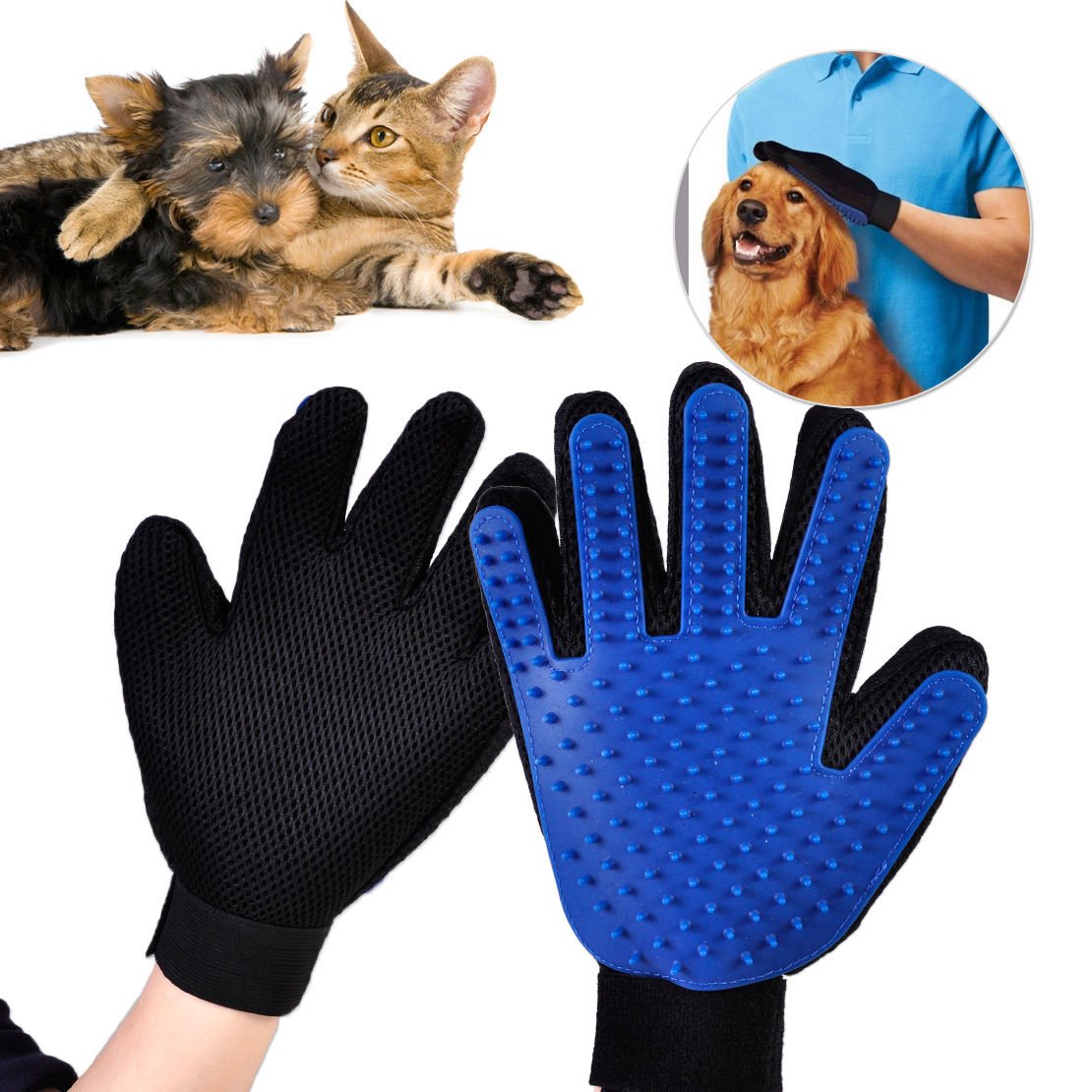 Pet Grooming Glove and Deshedding Glove Brush Best for Dogs & Cats Long & Short Fur Massage Tool with Enhanced Five Finger Design (1 Pair Blue)