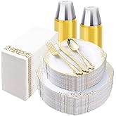 Bestluck 350PCS White and Gold Plastic Plates for 50 Guests, Disposable Dinnerware Set Includes 100 Disposable Plates, 150 Gold Silverware, 50 Cups, 50 Napkins for Party, Wedding