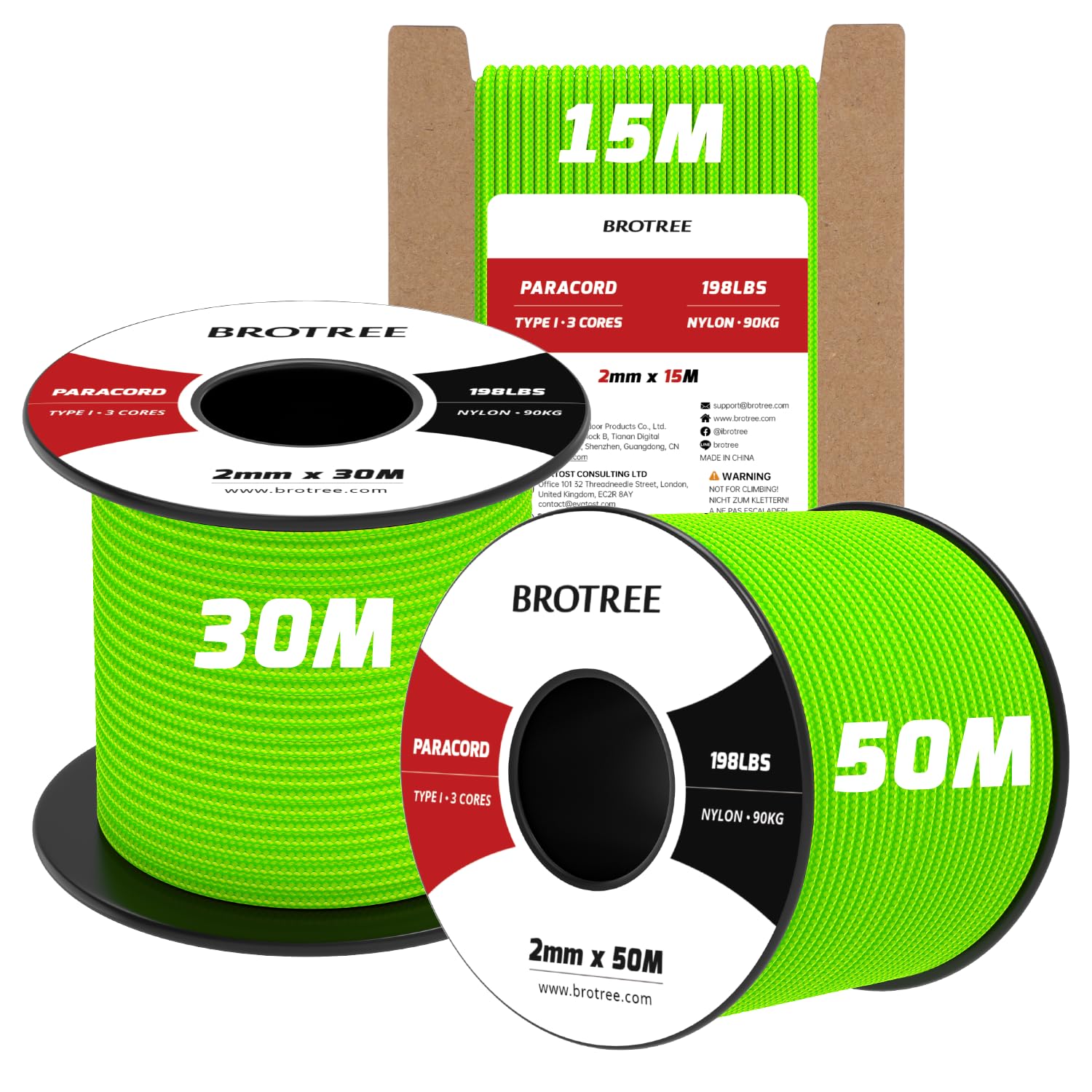 Brotree 2mm Paracord 3 Strands 50M 100% Nylon Rope Parachute Cord for Outdoor, Craft, DIY - 90kg Breaking Load (Neon Green) — image 1