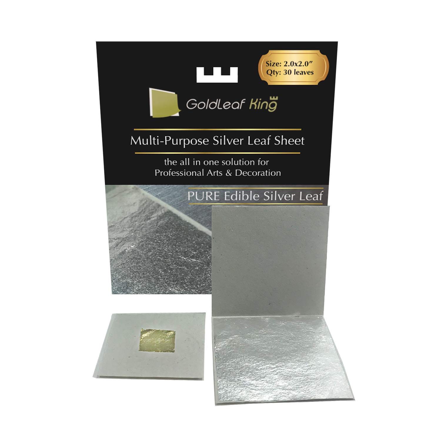 GoldleafKing Genuine Edible Silver Leaf Sheets | 30 Sheets - 2.0 x 2.0 inches for Cooking, Cake & Chocolate, Silver Fondant, Multi-Purpose, edible cake decorations + Free Small Gold Leaf x 10