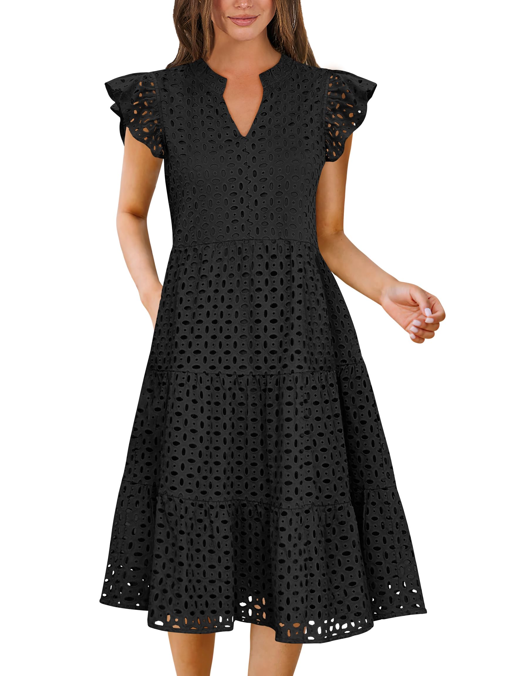 Photo 1 of    ANRABESS Womens 2025 Summer Midi Dress Hollow Out Eyelet Ruffle Sleeve V Neck Casual Flowy Tiered Beach Vacation Sundress Black X-Large
