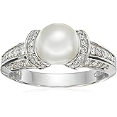 Amazon Essentials Platinum Plated Sterling Silver Infinite Elements Cubic Zirconia Freshwater Cultured Pearl Ring, (previously Amazon Collection)
