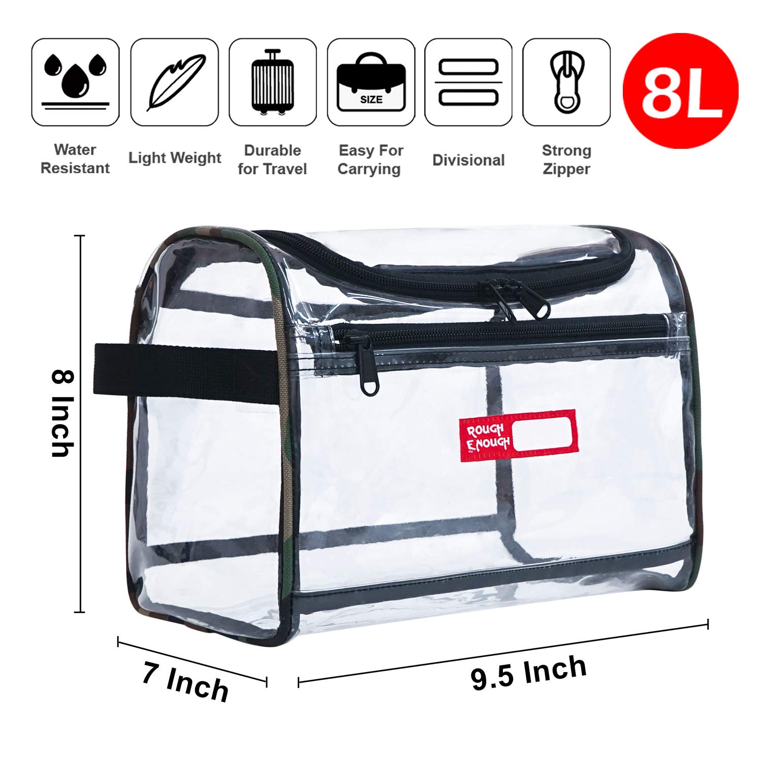 Rough Enough Large Clear Toiletry Bag Cosmetic Travel Makeup Organizer Wash Bags Pouch Luggage Dopp Kit Box Set with Zipper for Travel Accessories Essentials Trip Airport Big Shampoo Brush