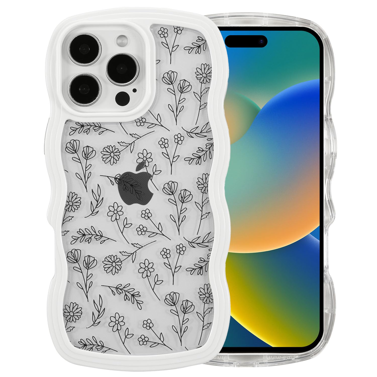 QLTYPRI Case for iPhone 16 Pro Max, Cute Curly Wave Frame Clear Case for Girls Women, Flower Clear TPU Bumper Soft Silicone Shockproof Protective Phone Cover for iPhone 16 Pro Max - Black Floral/White