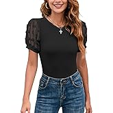 MIRALUNA Women's Round Neck Slimming Swiss Dots Mesh Puff Sleeve Bodysuit Blouse Casual Ribbed Knit Jumpsuit Shirts Tank Tops