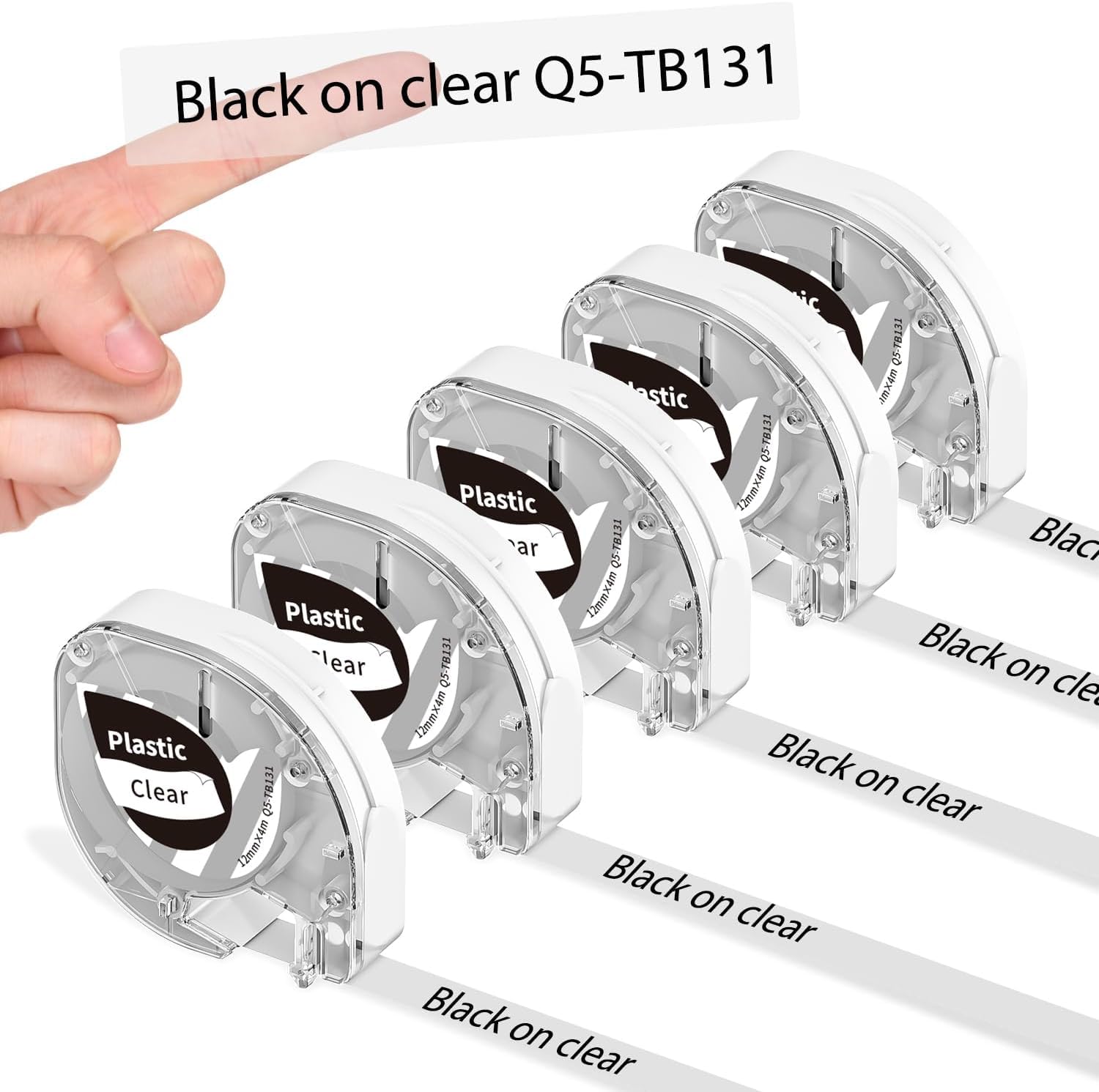 Clear Label Tape for Dymo LetraTag for LetraTag LT-100H, LT-100T, QX 50, XR, XM, 2000 Label Maker, Laminated for Indoor Usage, Waterproof, 12mm x 4m, Black on Clear, 5-Pack
