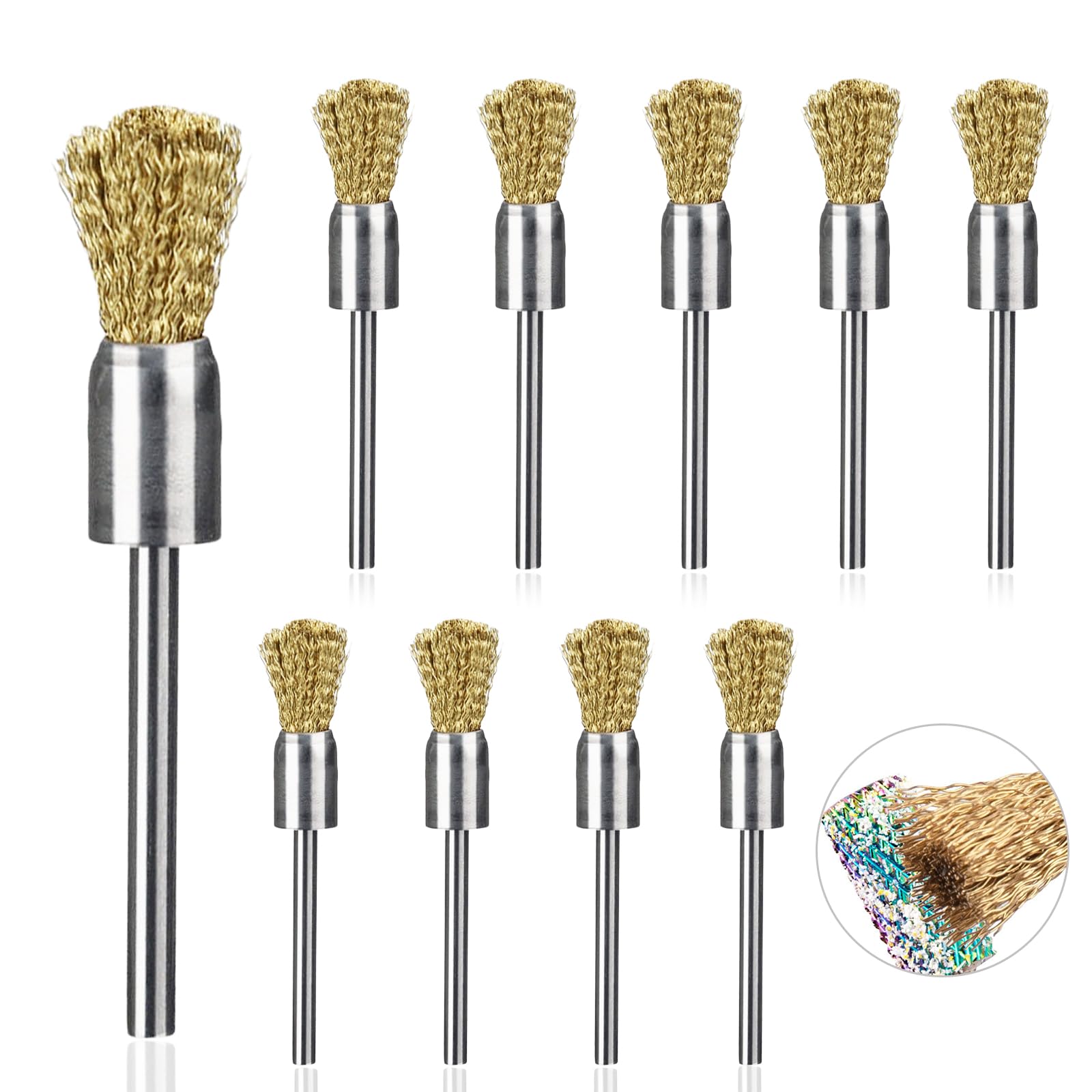 Wire Brush Set, 10 Pcs Small Wire Brush Brass Drill Brushes Metal Brush for Cleaning 3 mm Polishing Steel Brush for Rust Removal DIY Grinding Cleaning Descaling and Deburring