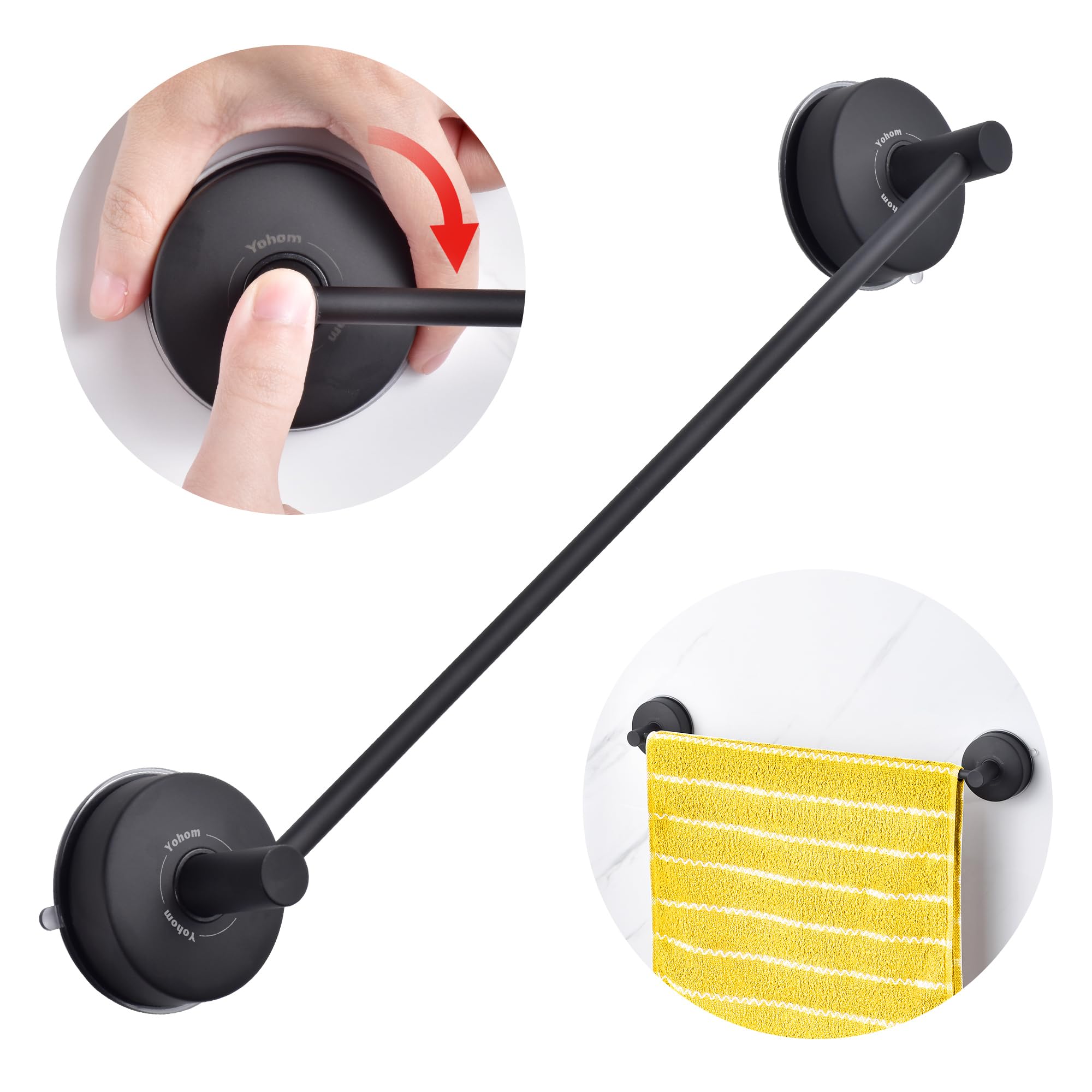 YOHOM Suction Towel Rail Bathroom 42.8 CM Vacuum Hand Towel Holder Stainless Steel Suction Cup Tea Towel Rack Kitchen Single Shower Towel Bar Wall Mounted Towel Hanger No Drilling (17-Inch) Black