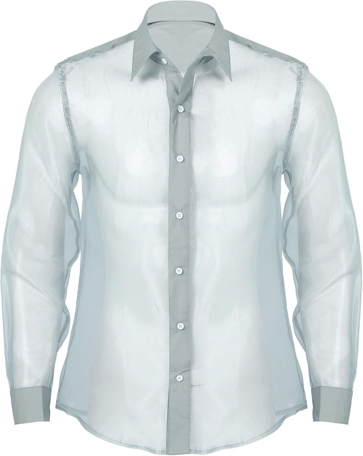 Freebily Men Shiny Sheer Organza Shirt Turn-Down Collar Long Sleeve Button Down Shirts Blouse 