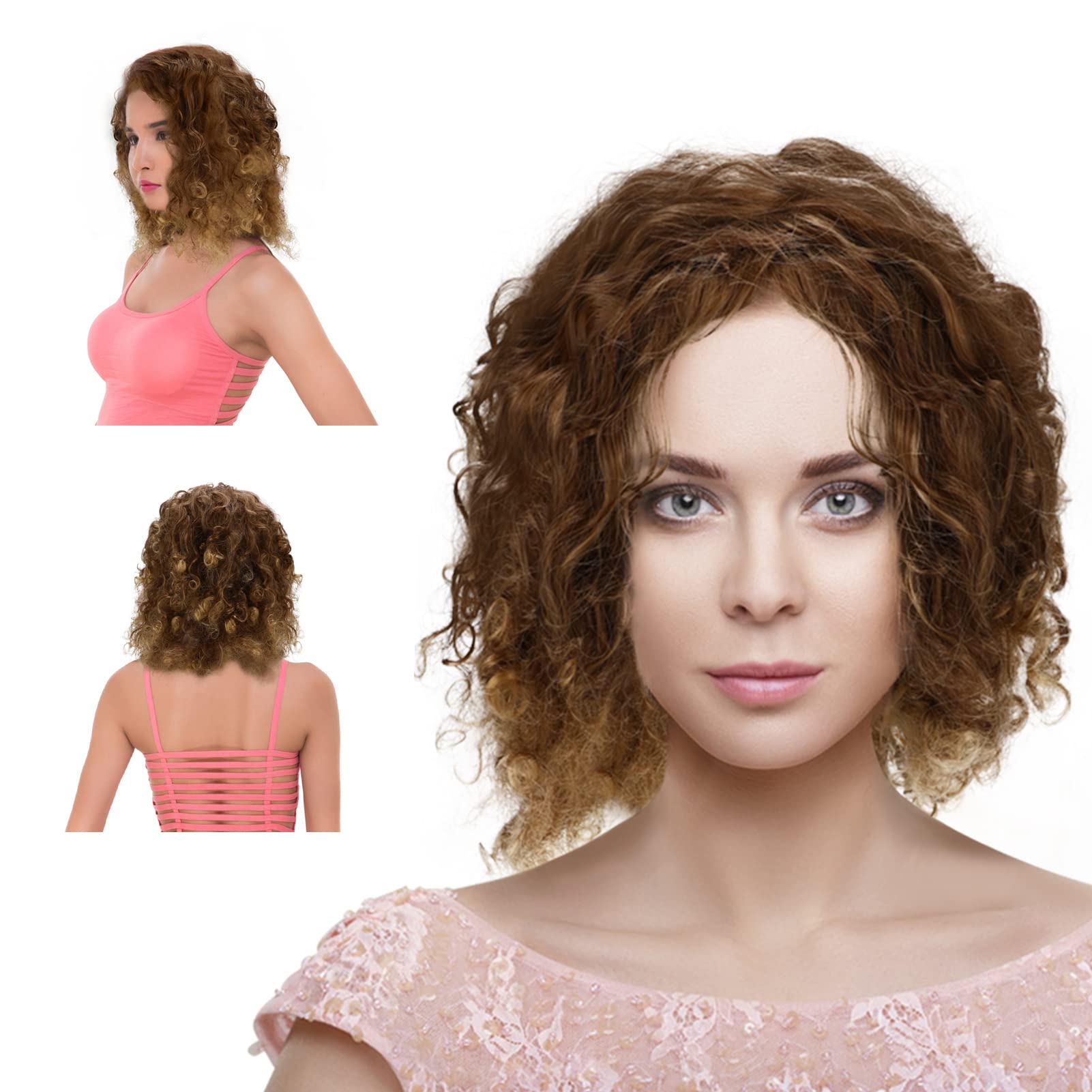 Aceshop Short Afro Kinky Curly Wig Stylish Hair Replacement Wig Gradient Color Fluffy Curly Hair Blonde Afro Short Wig for Women Mixed Blonde & Brown Synthetic Wigs for Cosplay Party Daily Wear 12inch