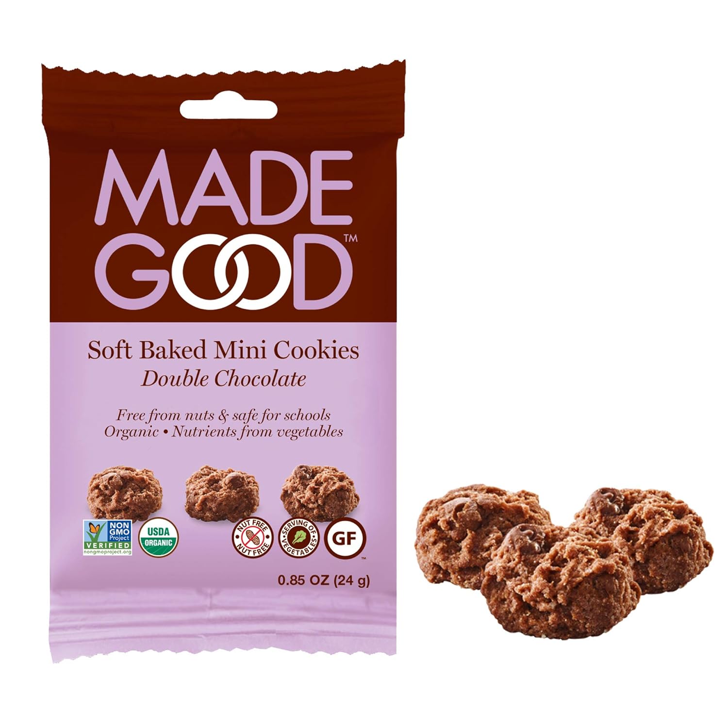 MadeGood Double Chocolate Soft Baked Mini Cookies, 6 boxes (30 ct) [Nut-Free, Gluten Free, Allergy Friendly, Certified Organic, Vegan, Non-GMO and Contain Nutrients from a Full Serving of Vegetables]