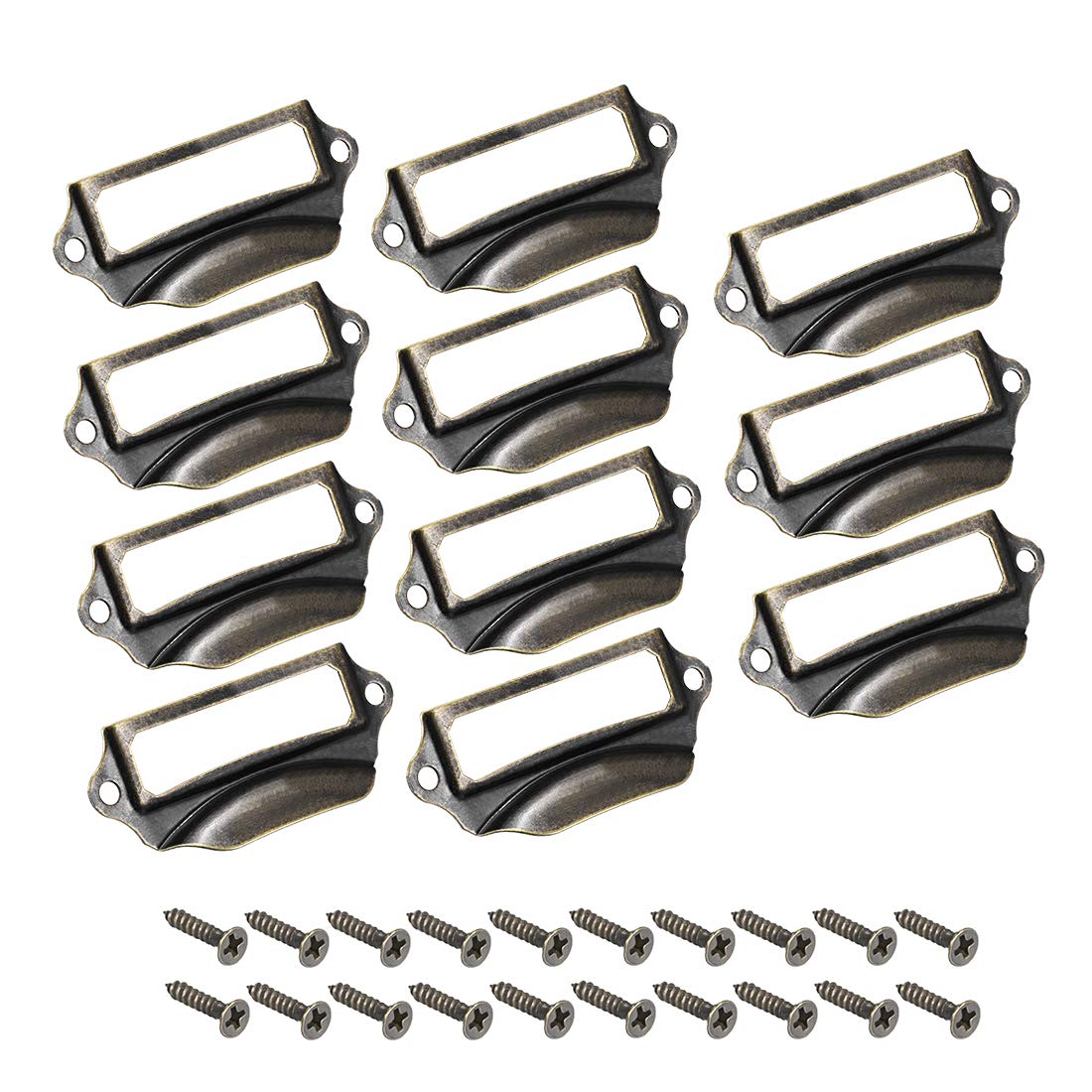 sourcing map Label Holder Pull Handles, Vintage Iron Label Frame Drawer Knobs for Cabinet Cupboard, Bronze Tone 69x29mm Pack of 10 w Screws