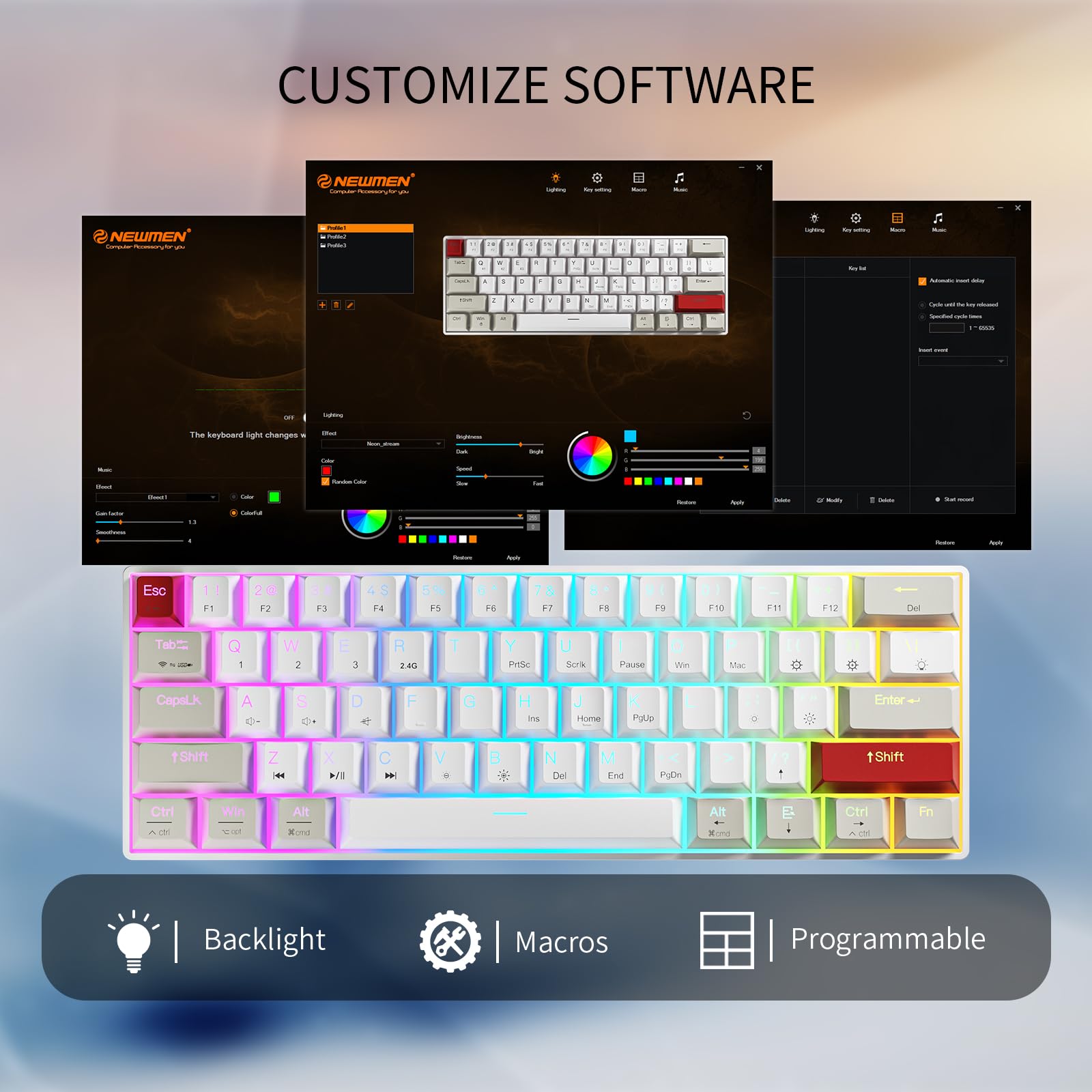 Newmen Gm610 Wireless Mechanical Gaming Keyboard, 60% Usb-C Wired/Bluetooth/2.4Ghz Rgb Backlit Compact Hot Swappable Gaming Keyboard, Anti-Ghosting Pc Mac Windows Android(Whitegreyred/Red Switch) - View 7