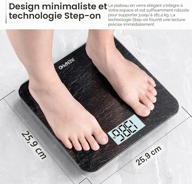 Pèse-personne Numérique RENPHO, Pèse-personne de Haute Précision avec Affichage Lumineux, Technologie Step-On, 400 lb, Marbre, Core 1S