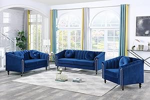 SIENWIEY Chesterfield Sofa Set, Luxurious Velvet Chesterfield Settee Couch Set with Sofa Loveseat Chair,Upholstered Rolled Arm with Rivets/5 Button Tufted Pillow Modern Sofa Living Room Set，Blue