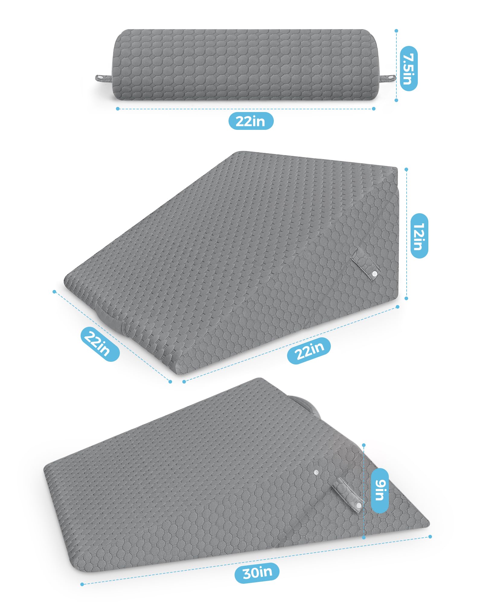 Forias Wedge Pillows Set for After Surgery Foldable Bed Wedge Pillow for Sleeping Adjustable 9&12 Inch Triangle Pillow Wedge with Half-Moon Pillow for Post Surgery Acid Reflux Gerd Snoring - Gray