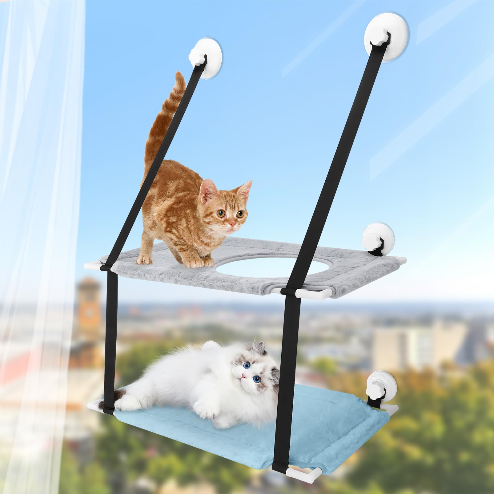Photo 1 of **SUCTION IS NOT VERY GOOD/ UNKNOWN MISSING ASEEMBLY PIECES** Cat Window Perch,SAN LIKE Double Design Cat Window Hammock,Pet Window Perch Shelf, Large Suction Cups Window Resting Seat for Indoor Cats,Cat Window Bed for Large Cats (Gray+Blue)