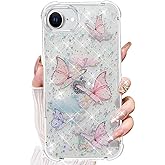 AuroiCCY for iPhone 16e (2025) Case, Bling Shockproof Cute Clear Butterfly Women Girly Flexible TPU Sparkle Stars Glitter Anti-Scratch Shockproof Protective Phone Cover for iPhone 16e, Pink Butterfly