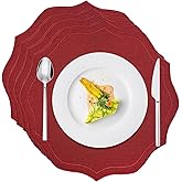 VOXIVEE Placemats Set of 4 - Round 15 Inch Cotton Linen Embroidered Scalloped Cloth Table Mats, Washable Red Placemat for Valentine Thanksgiving Holiday Wedding Party Decor