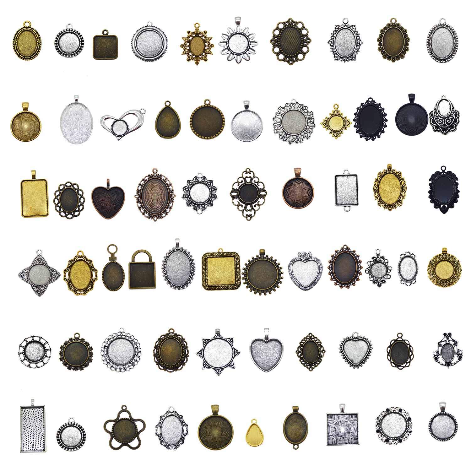 Julie Wang 40pcs Assorted Antiqued Bronze Silver Setting Bezel Tray Pendant Blanks without Glass Cover -No Duplicates