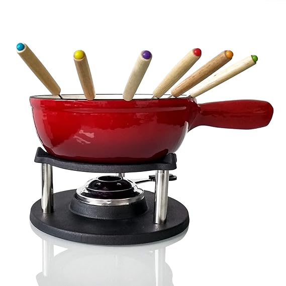 Big BBQ Gusseisen Fondue Käsefondue Emaille beschichtet rot