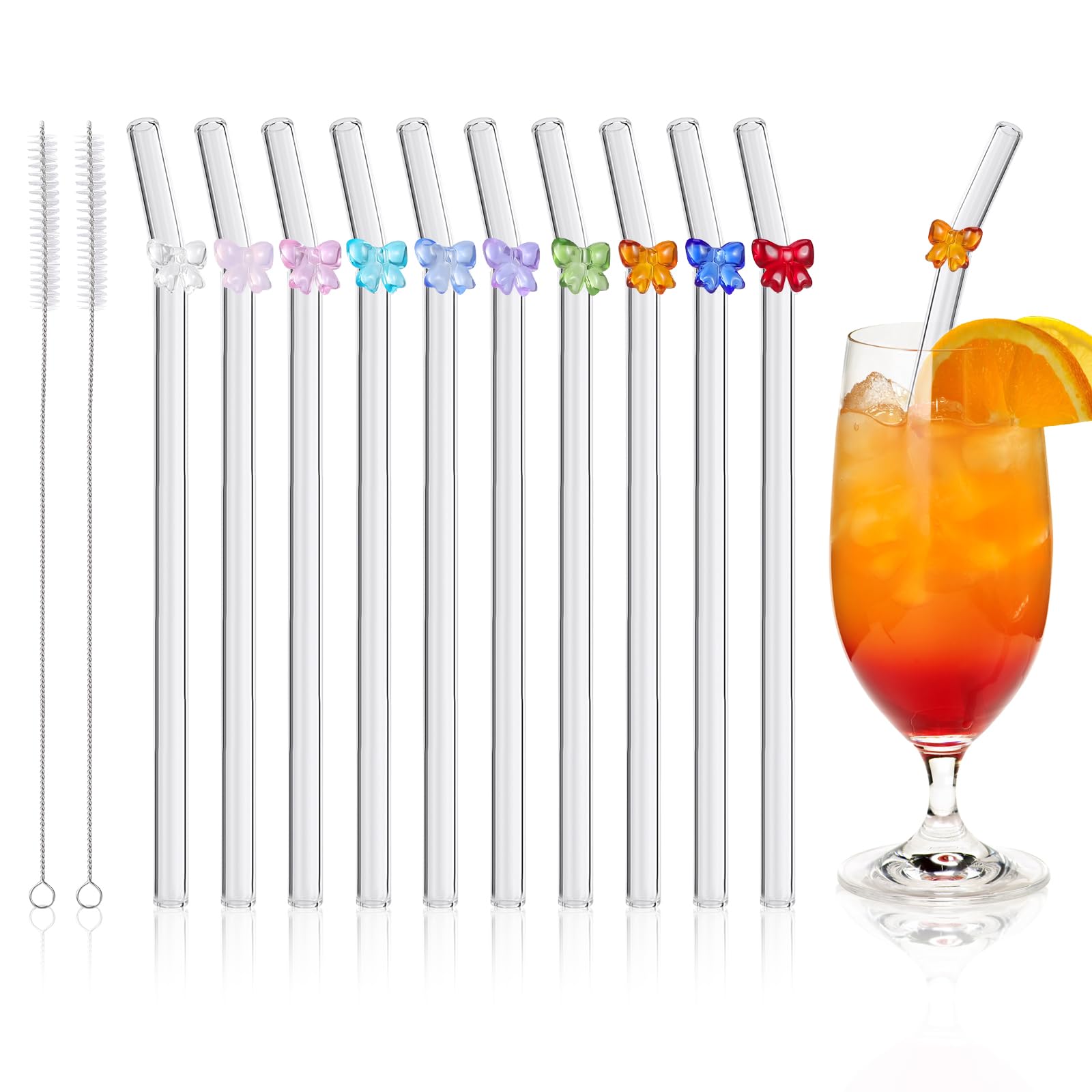 Photo 1 of [10 Pcs] Reusable Colorful Bow Glass Straws - 9" x 10 mm Cute Glass Straws Shatter Resistant with Charms for Smoothies,Milkshakes,Coffee,Juice,Cocktail,Teas