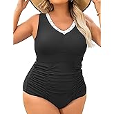Curvagile Womens Plus Size One Piece Swimsuits Retro Tummy Control Bathing Suit V Neck Color Block Full Coverage Swimwear