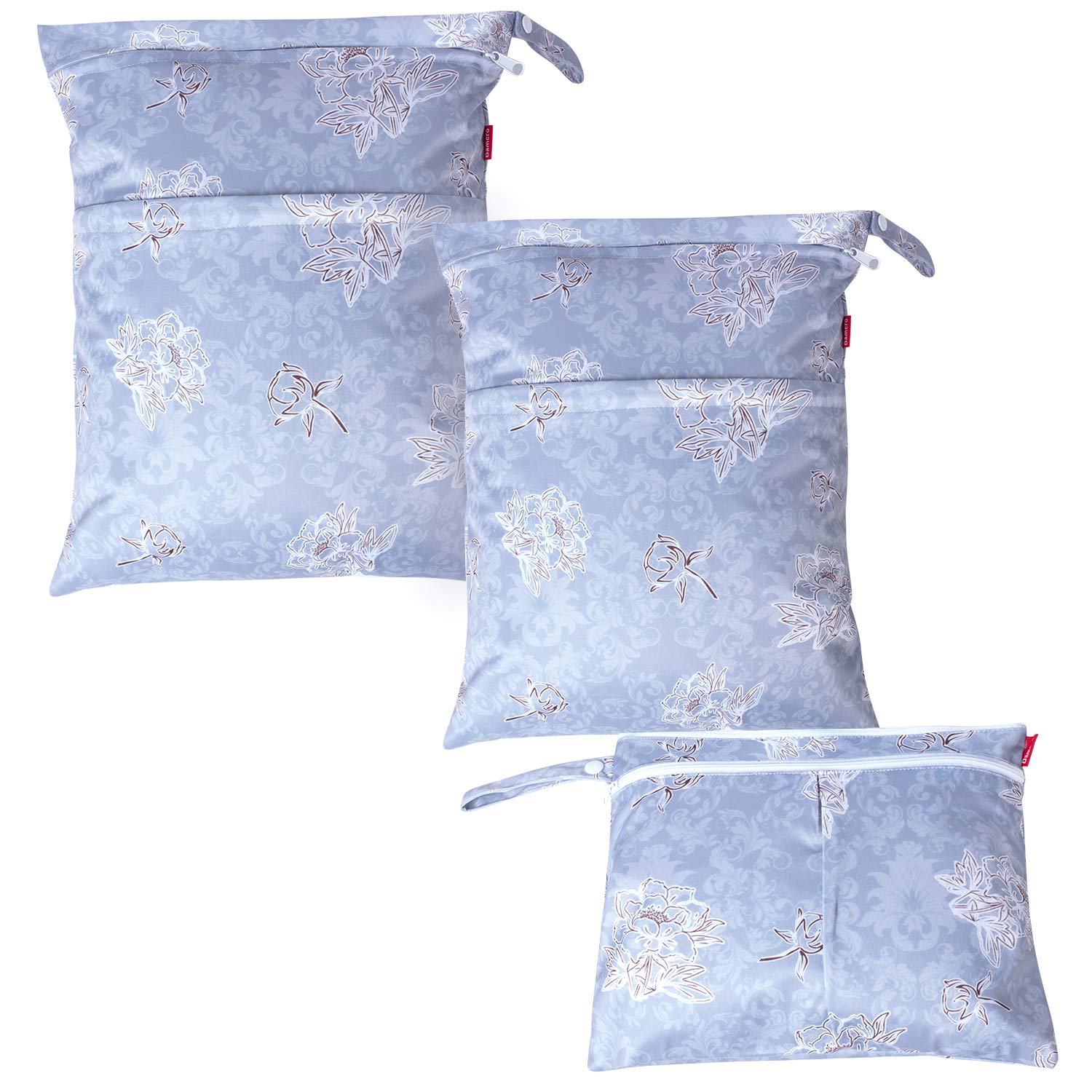 Damero 3Pcs Wet Dry Bag for Cloth Diaper, Swimsuit, Clothes, Ideal for Travel, Exercise, Daycare, Roomy and Water-Resistant (Gray Flowers)