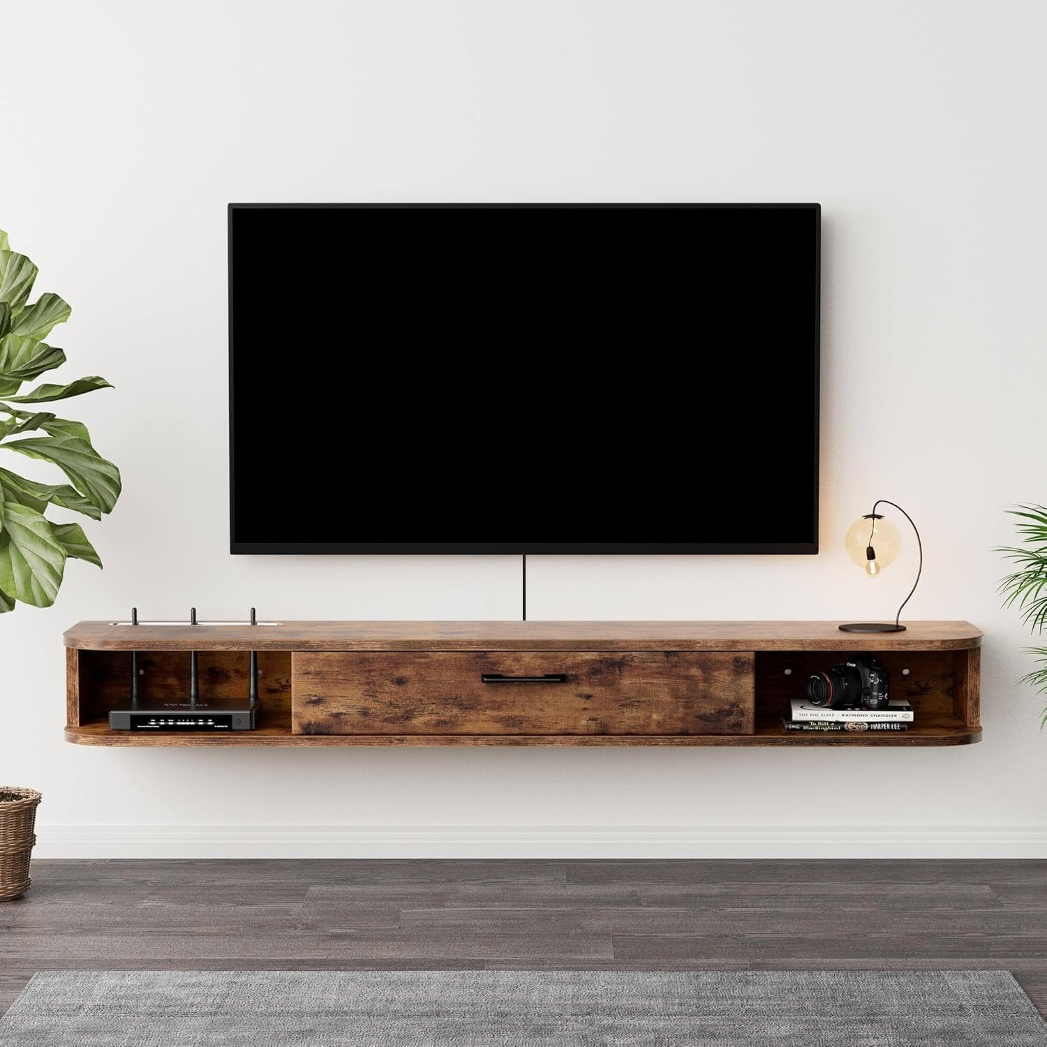 Photo 1 of TuckTect Floating TV Unit, 95'' Wall Mounted TV Cabinet, Floating Shelves with Door, Modern Entertainment Media Console Center Large Storage TV Bench for Living Room & Office (94.49IN, Rustic Brown)