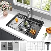 Kunoqi 33x22 Inch Smart Waterfal Kitchen Sink Workstation, Gunmetal Black Drop-In Sink Handmade 16 Gauge Stainless Steel Single Bowl