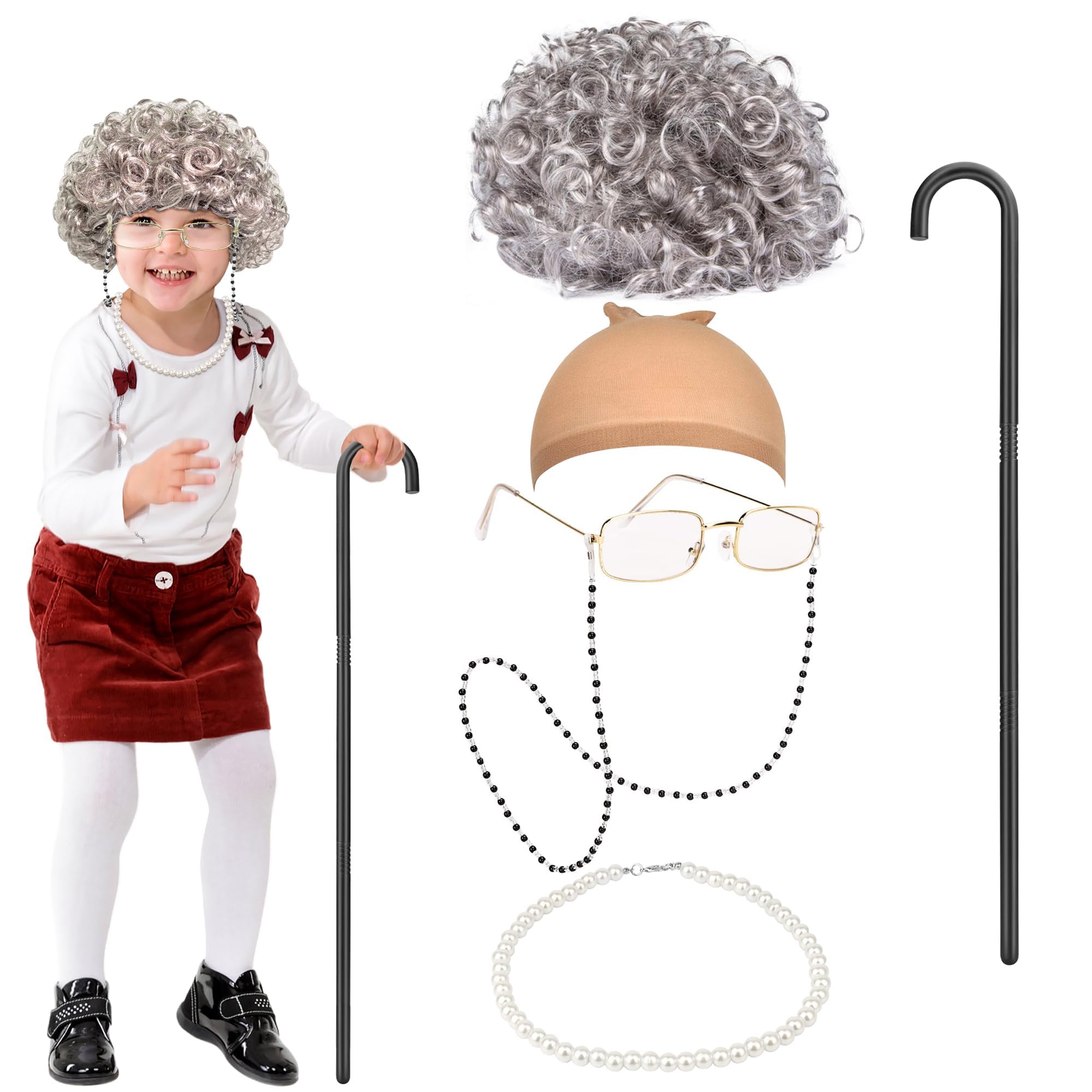 Orgoue Old Lady Costume Set, Grandma Wig Cap Granny Pearl Necklace Cane Glasses with Chain for Women Girls World Book Day Halloween School Dress Up
