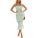 dowerme Women Summer Casual Floral Midi Smocked Bodycon Dresses Spaghetti Strap Square Neck Ruffle Mermaid Prom Dress