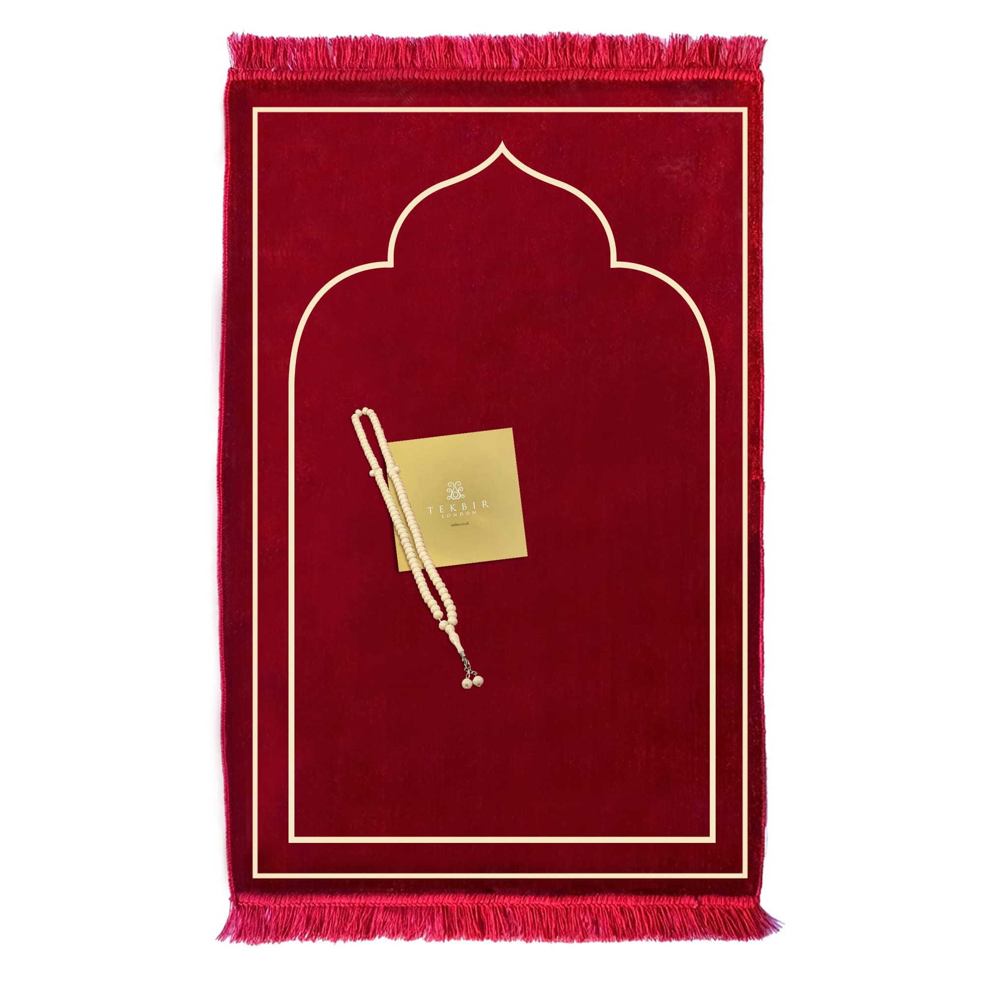 Tekbir Muslim Prayer Rug with Beads - Soft Mihrab Style Velvet Islamic Janamaz - Portable Mat Carpet for Muslims - Enhance Sajadah Mat (Red)