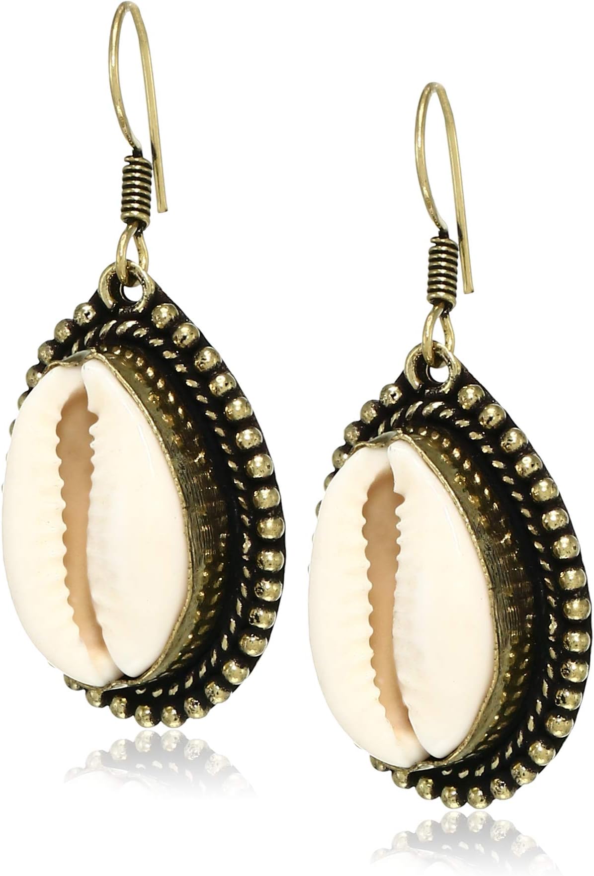 Natural Conch Shell Earrings | Cowrie Beach Shell Earrings | Boho Tribal Gypsy Style Dangler | Handmade by Indian Artisan
