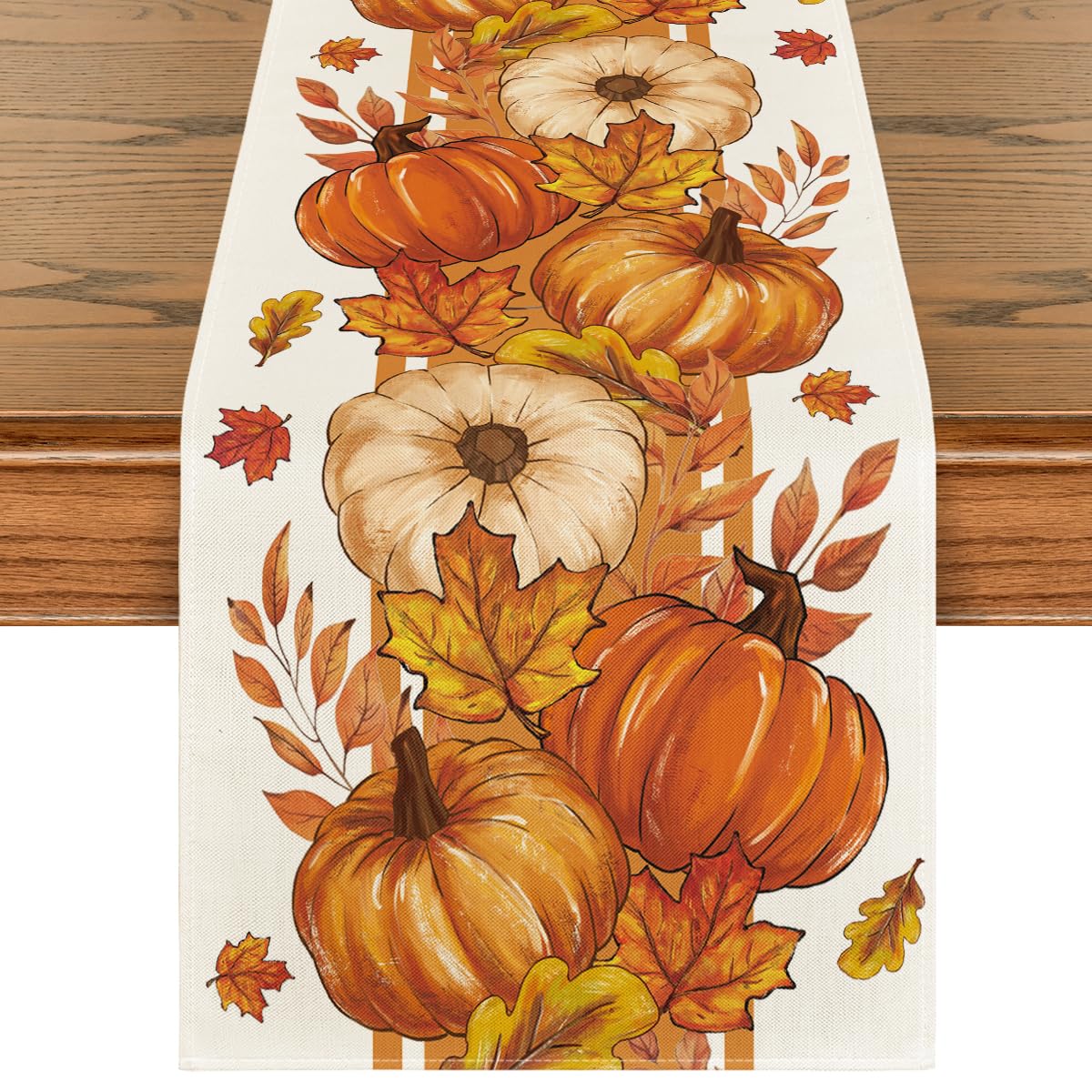 Photo 1 of Artoid Mode Orange Pumpkin Maple Leaf Stripes Fall Table Runner, Seasonal Autumn Kitchen Dining Table Decoration for Home Party Decor 13x60 Inch