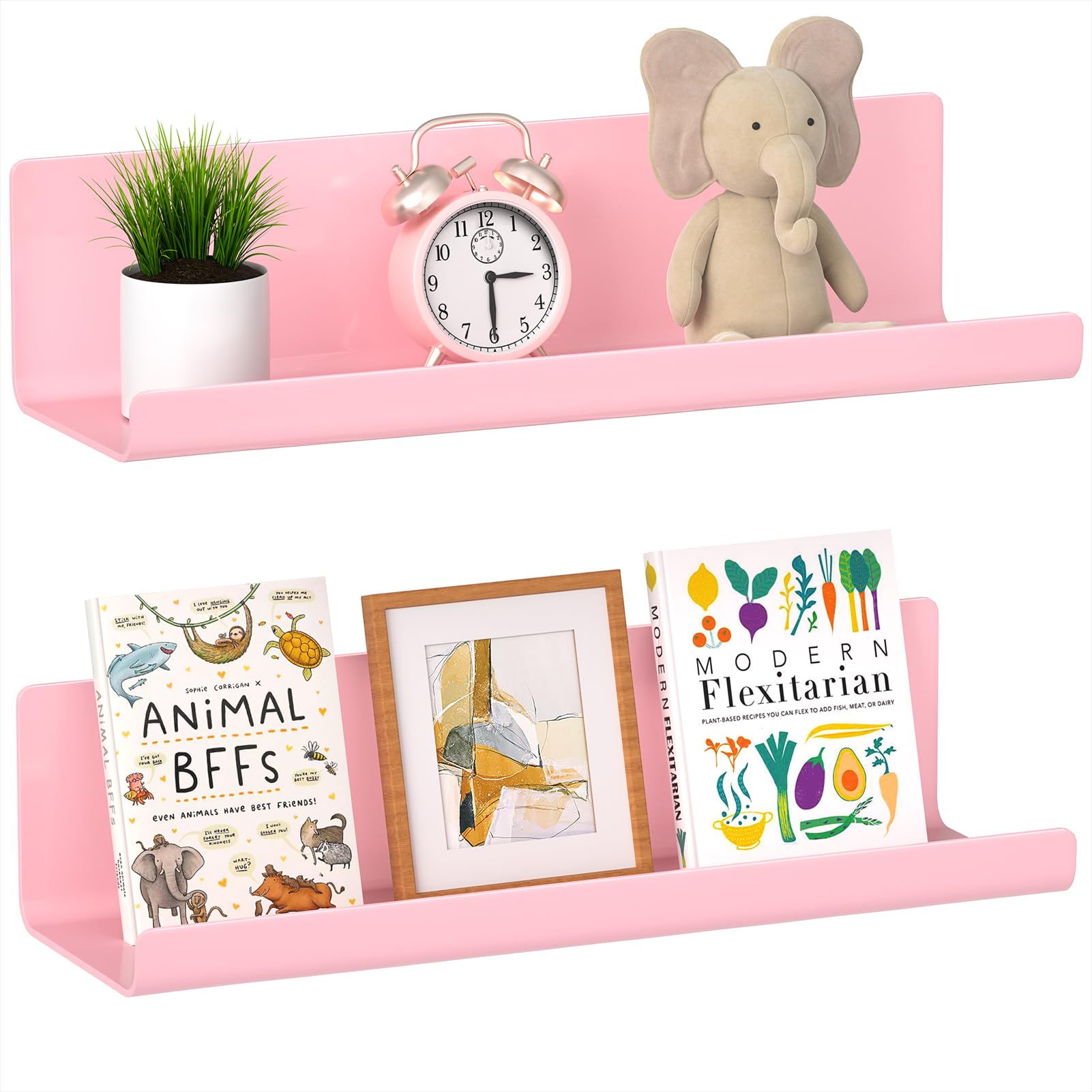 WELDUN Floating Shelves, Set of 2 Wall Mounted Shelf, Picture Ledge Display, Decorative Wall Shelves for Living Room, Bedroom, Bathroom, Kitchen, Home Office, Laundry room, Plastic, Pink