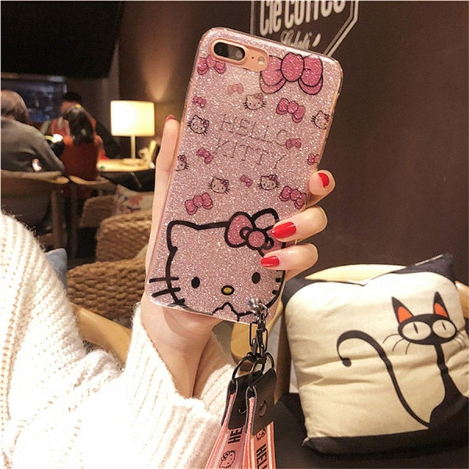 Hello Kitty for iPhone XR X XS max case Cute Girly Cartoon cat Hello Kitty KT Phone Case for iPhone 11 pro max 7 8 Plus case Bling Hard Case & 2 Strap (1, for iPhone 11)