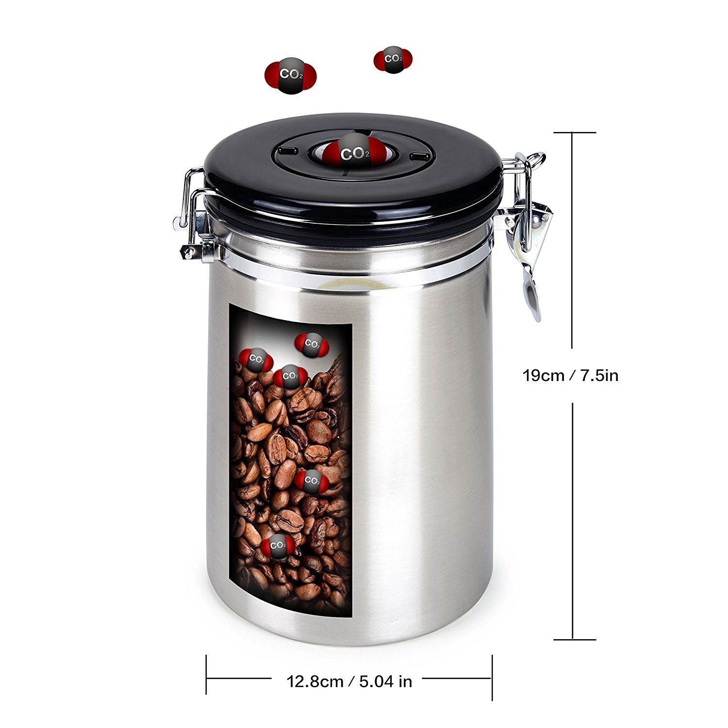 Airtight Coffee Canister,Movaty Stainless Steel Coffee Container CO2 Valve Vacuum Storage, 600g/21oz with 1 Measure Spoon,for Coffee, Tea, Nuts and Powders,Color Silver