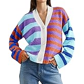 Saodimallsu Womens Striped Cardigan Sweaters V Neck Open Front Button Up Color Block Fuzzy Loose Knit Coats