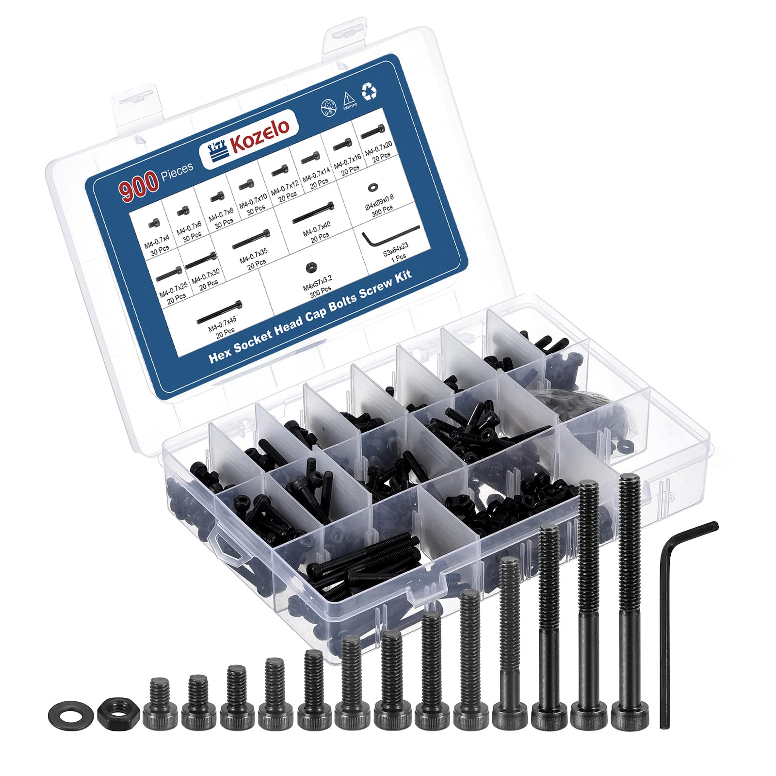 Kozelo 900pcs Socket Head Cap Screws Bolts Nuts Assortment Kit - [M4x4/6/8/10/12/14/16/20/25/30/35/40/45mm] Alloy Steel Black Oxide 12.9 Internal Hex Screw for 3D Printer Use, with Wrench
