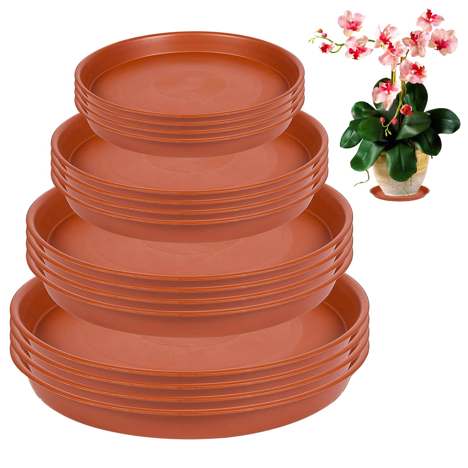 16 Pcs Round Plastic Flower Plant Pot Saucer, 11.4/15/17.7/20.7cm Waterproof Garden Plant Saucers, Flower Pot Drip Dishes, Decorative Saucers for Potted Plants Suitable for Indoor and Outdoor (Brown)