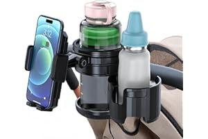 3-in-1 Stroller Cup Phone Holder Attachment, Universal Cup Holder with Adjustable Phone Mount, Double Cup Holder for Walker, 
