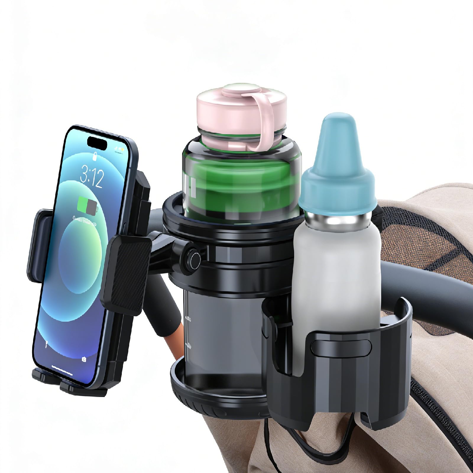 Photo 1 of 3-in-1 Stroller Cup Phone Holder Attachment, Universal Cup Holder with Adjustable Phone Mount, Double Cup Holder for Walker, Wheelchair, Fits Most Donna, Uppababy, Bugaboo, Anti-Slip & Easy Install