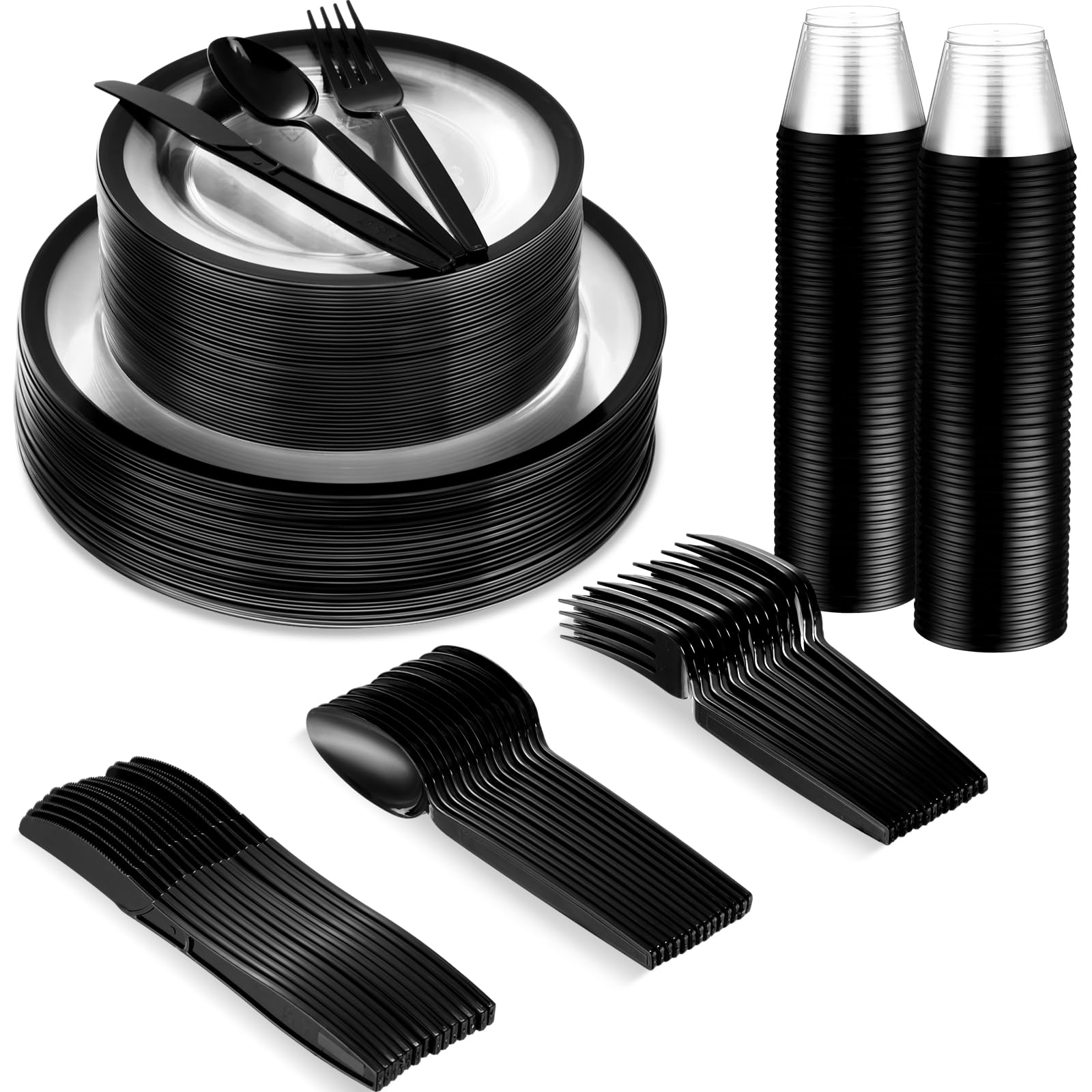 Photo 1 of Norme 500 Pcs Disposable Plastic Dinnerware Set for 100 Guests, Disposable Dinnerware Set for Birthday Wedding Party of 100 Plastic Plates, 100 Plastic Cups, 100 Spoons, 100 Forks, 100 Knives(Black)