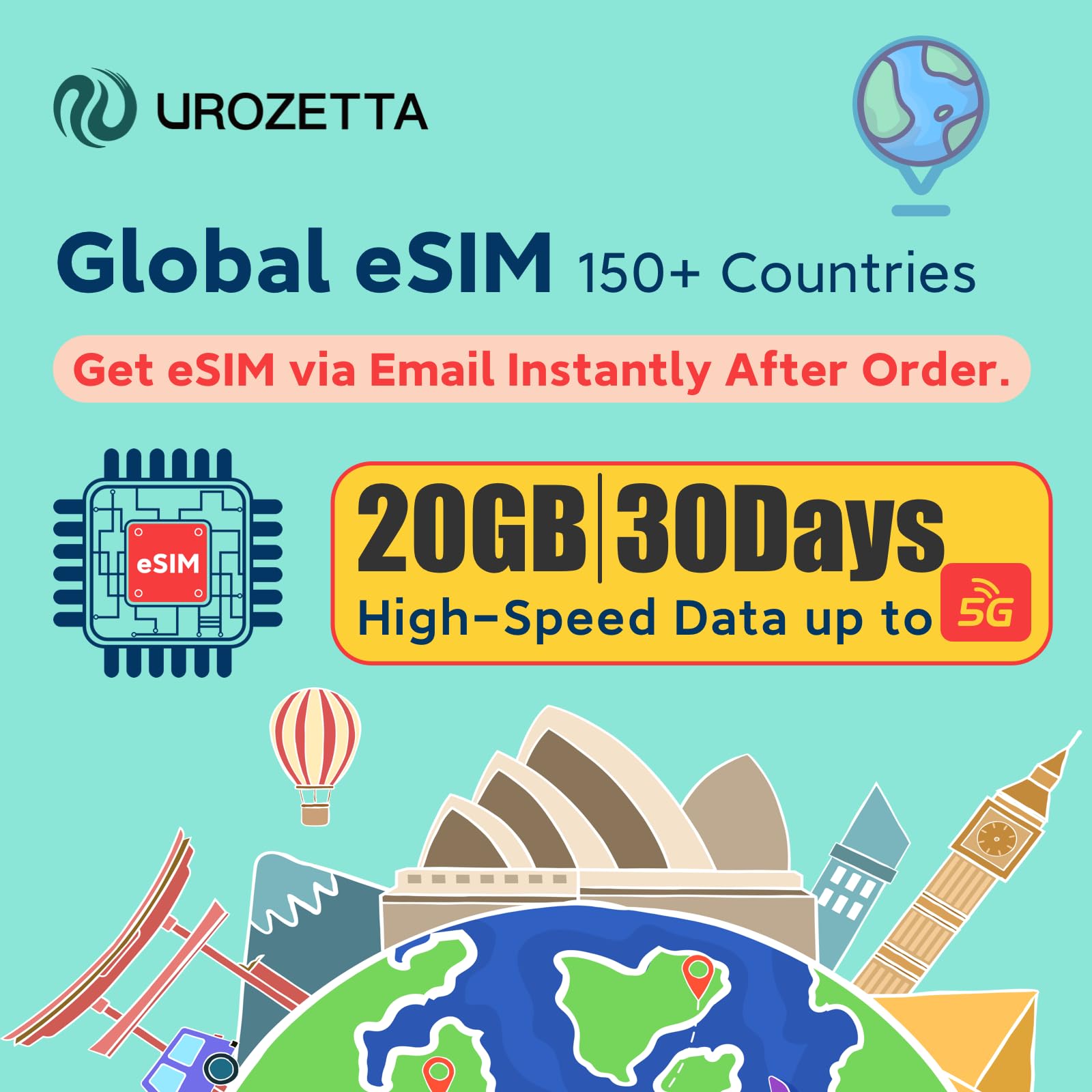 UROZETTA Global eSIM Card 30-Day 20GB, Prepaid Data for 151 Countries, 4G LTE High-Speed Network, Hotspot Support, Works for Unlocked Phones, No Contract No Physical SIM, Data Only No Voice/SMS