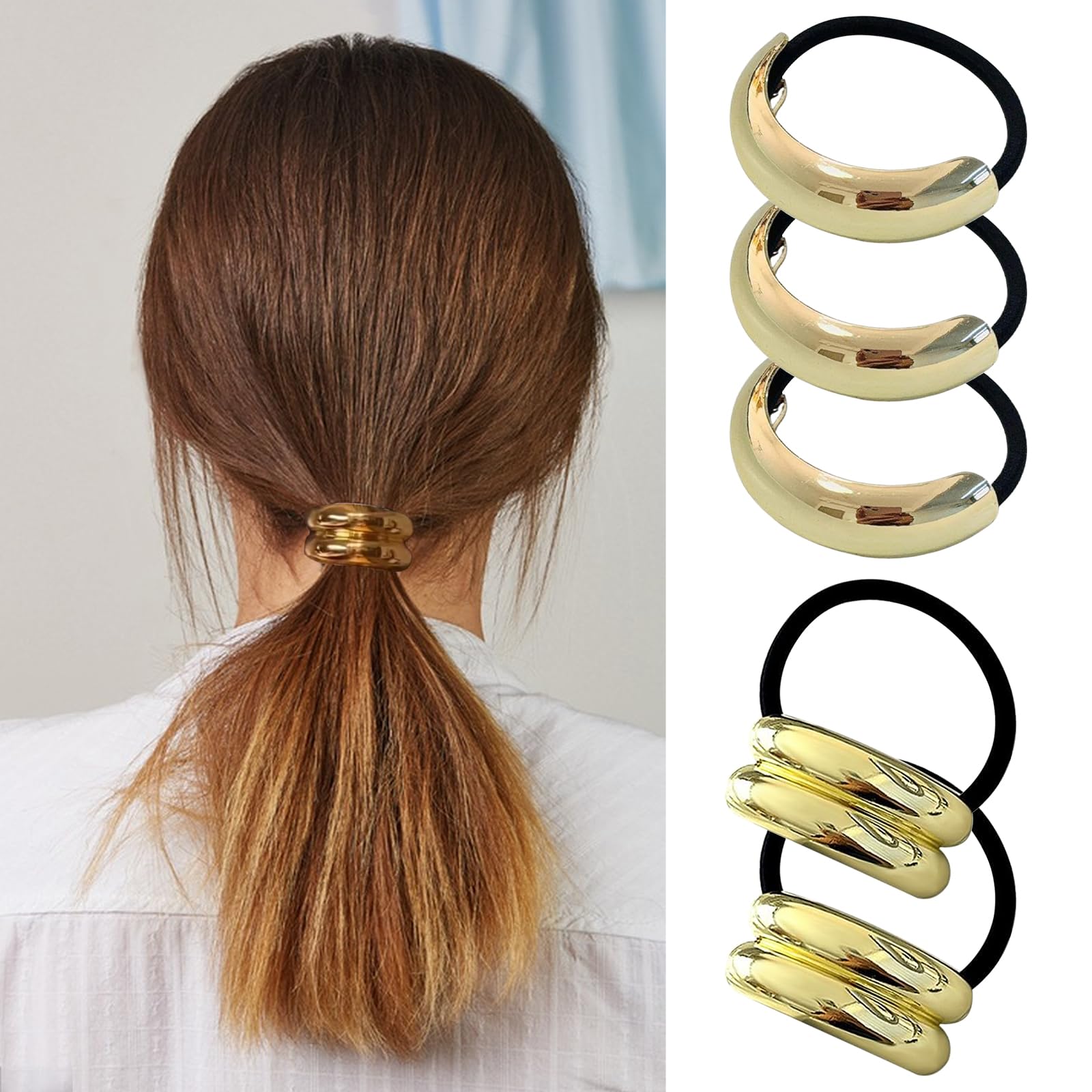 5 Pcs Metal Hair Ponytail Holders, Ponytail Cuff Gold Hair Cuffs, Hair Cuff Wrap Rope, Ponytail Holder Elastic Hair Ties Hair Rope Accessory for Thick Hair for Women Hair Accessories（Gold）