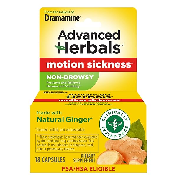FROM THE MAKERS OF DRAMAMINE, ADVANCED HERBALS WITH NATURAL GINGER, FOR NAUSEA RELIEF, MORNING SICKNESS RELIEF & MOTION SICKNESS RELIEF DURING TRAVEL, 18 CAPSULES